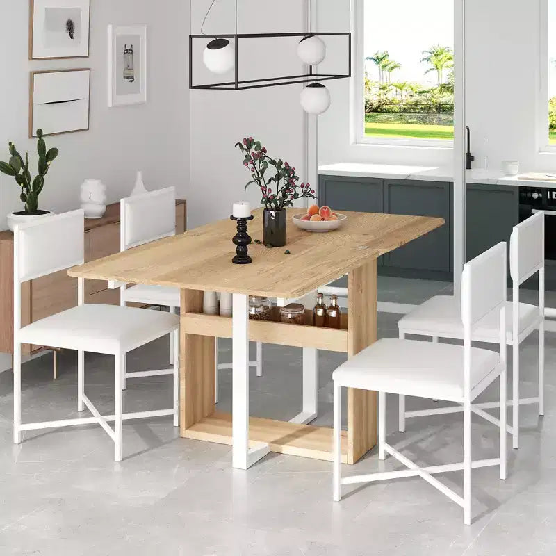Set Tavolo da Pranzo 5 Pezzi, Tavolo da Cucina Allungabile Moderno Compatto 80-160 cm con Ripiano Contenitore e 4 Sedie da Pranzo Imbottite per Piccoli Spazi