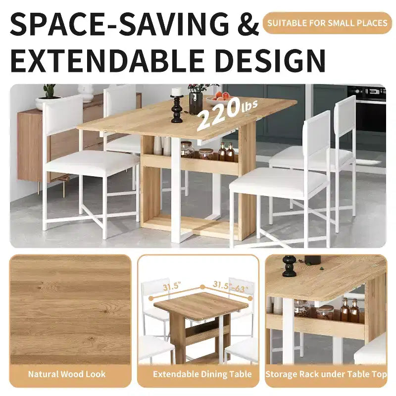 Set Tavolo da Pranzo 5 Pezzi, Tavolo da Cucina Allungabile Moderno Compatto 80-160 cm con Ripiano Contenitore e 4 Sedie da Pranzo Imbottite per Piccoli Spazi