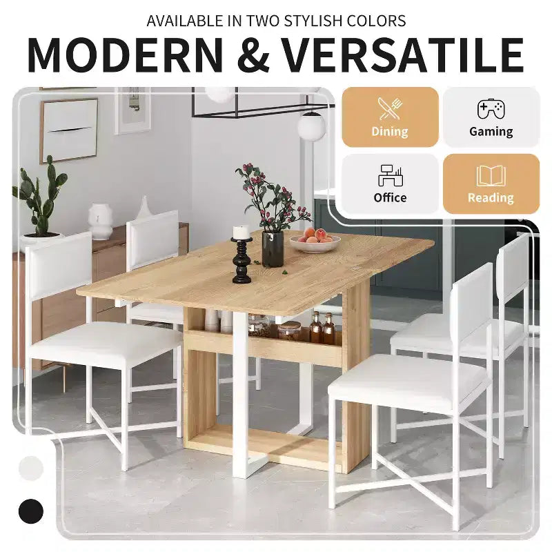 Set Tavolo da Pranzo 5 Pezzi, Tavolo da Cucina Allungabile Moderno Compatto 80-160 cm con Ripiano Contenitore e 4 Sedie da Pranzo Imbottite per Piccoli Spazi