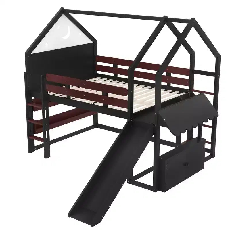 Letto a soppalco matrimoniale per bambini con scivolo e libreria, Struttura letto a soppalco a forma di casetta in legno massello con scaletta convertibile per bambini, Casetta dei giochi