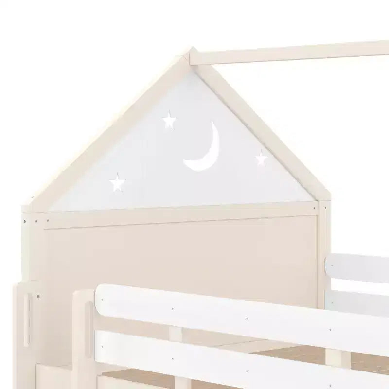 Letto a soppalco matrimoniale per bambini con scivolo e libreria, Struttura letto a soppalco a forma di casetta in legno massello con scaletta convertibile per bambini, Casetta dei giochi