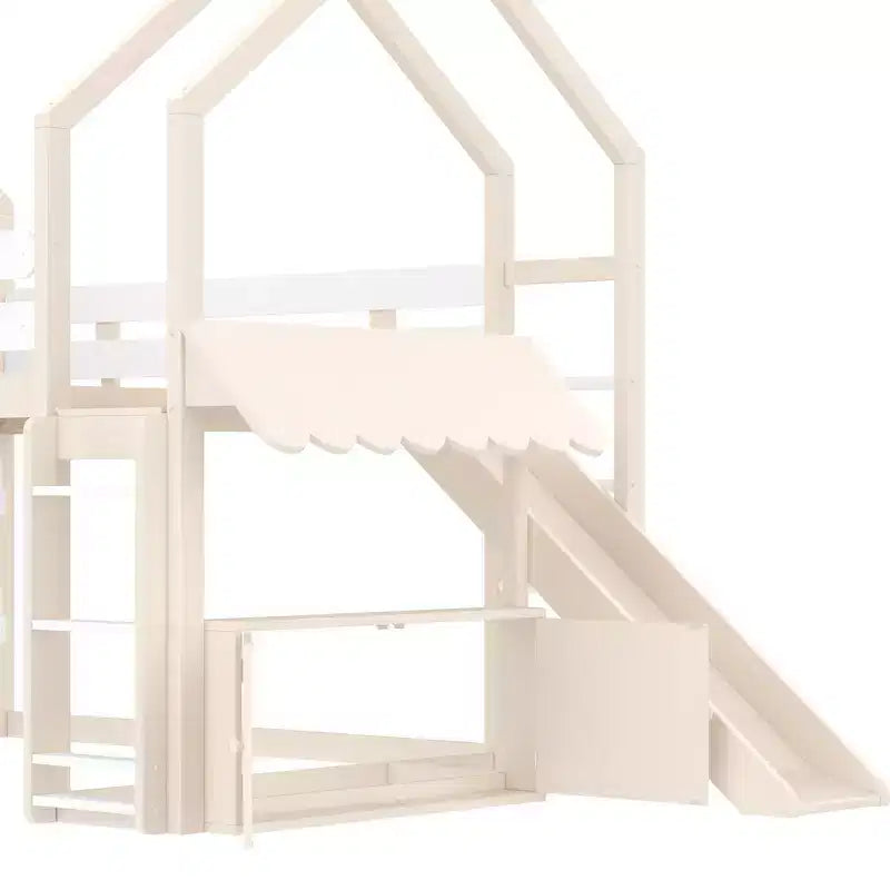 Letto a soppalco matrimoniale per bambini con scivolo e libreria, Struttura letto a soppalco a forma di casetta in legno massello con scaletta convertibile per bambini, Casetta dei giochi