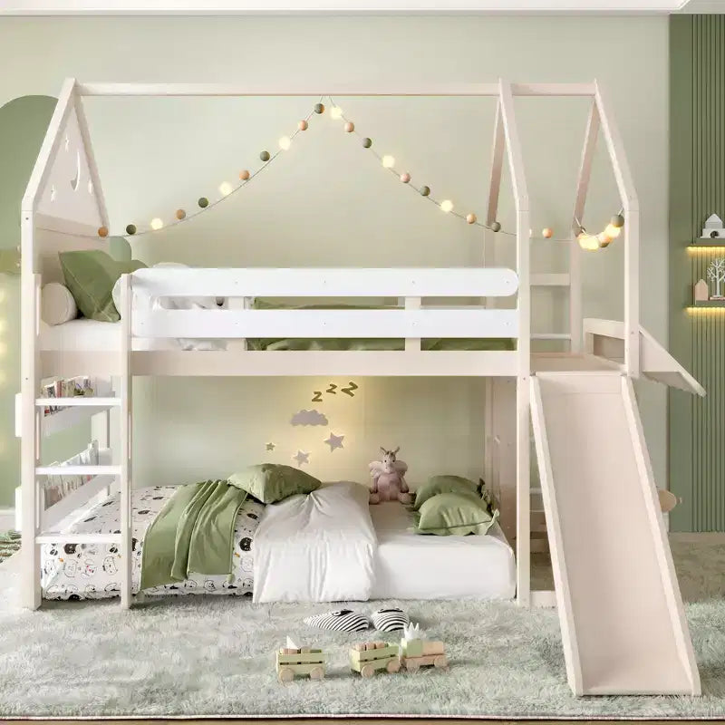 Letto a soppalco matrimoniale per bambini con scivolo e libreria, Struttura letto a soppalco a forma di casetta in legno massello con scaletta convertibile per bambini, Casetta dei giochi