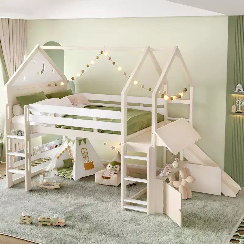 Letto a soppalco matrimoniale per bambini con scivolo e libreria, Struttura letto a soppalco a forma di casetta in legno massello con scaletta convertibile per bambini, Casetta dei giochi
