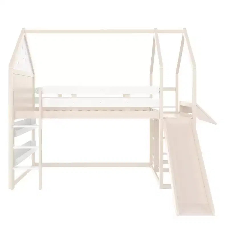 Letto a soppalco matrimoniale per bambini con scivolo e libreria, Struttura letto a soppalco a forma di casetta in legno massello con scaletta convertibile per bambini, Casetta dei giochi