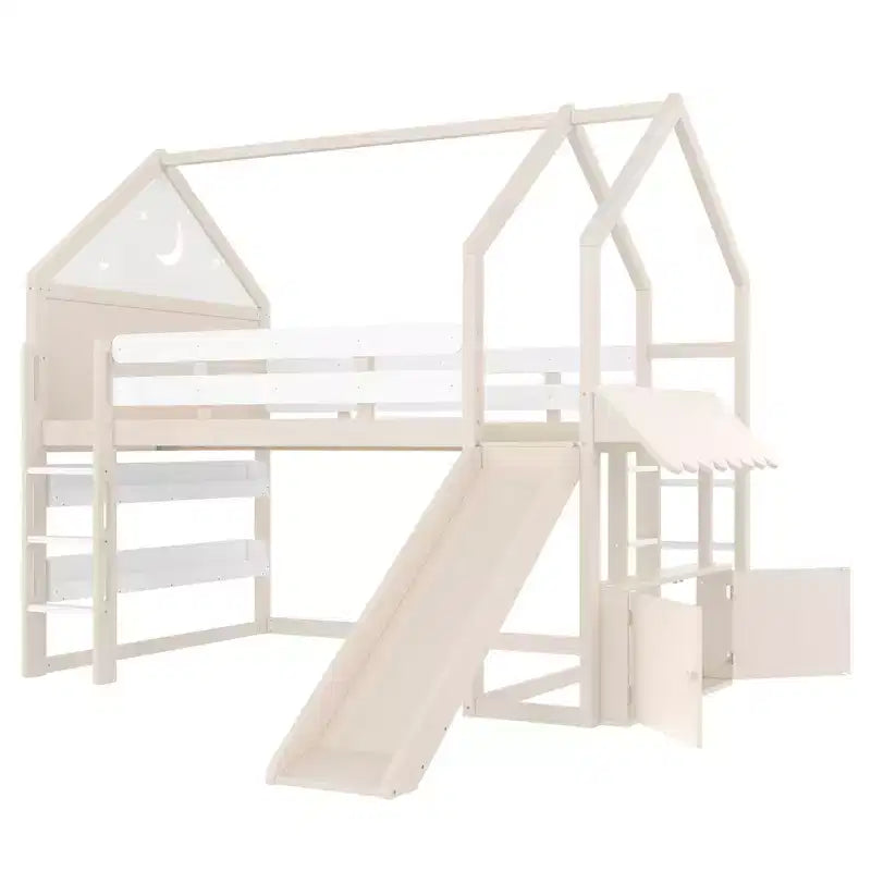 Letto a soppalco matrimoniale per bambini con scivolo e libreria, Struttura letto a soppalco a forma di casetta in legno massello con scaletta convertibile per bambini, Casetta dei giochi