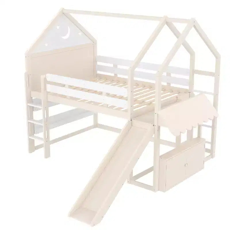 Letto a soppalco matrimoniale per bambini con scivolo e libreria, Struttura letto a soppalco a forma di casetta in legno massello con scaletta convertibile per bambini, Casetta dei giochi