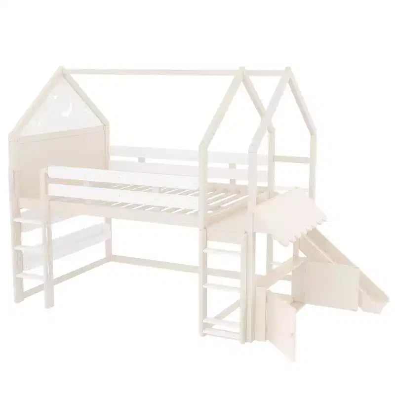 Letto a soppalco matrimoniale per bambini con scivolo e libreria, Struttura letto a soppalco a forma di casetta in legno massello con scaletta convertibile per bambini, Casetta dei giochi