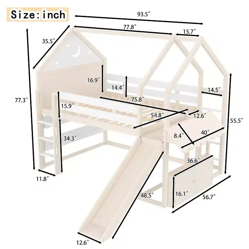 Letto a soppalco matrimoniale per bambini con scivolo e libreria, Struttura letto a soppalco a forma di casetta in legno massello con scaletta convertibile per bambini, Casetta dei giochi