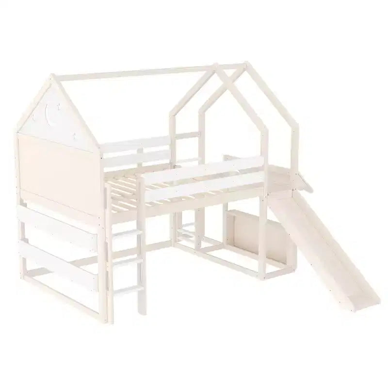 Letto a soppalco matrimoniale per bambini con scivolo e libreria, Struttura letto a soppalco a forma di casetta in legno massello con scaletta convertibile per bambini, Casetta dei giochi