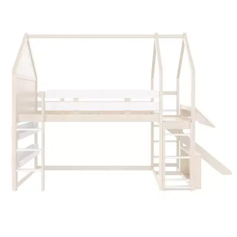 Letto a soppalco matrimoniale per bambini con scivolo e libreria, Struttura letto a soppalco a forma di casetta in legno massello con scaletta convertibile per bambini, Casetta dei giochi