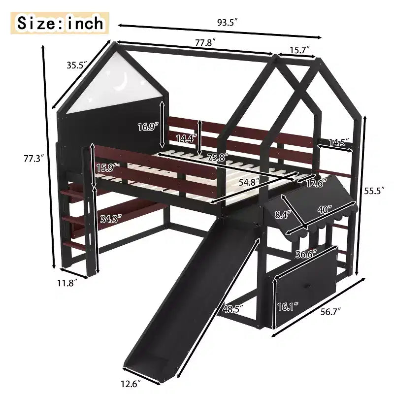 Letto a soppalco matrimoniale per bambini con scivolo e libreria, Struttura letto a soppalco a forma di casetta in legno massello con scaletta convertibile per bambini, Casetta dei giochi