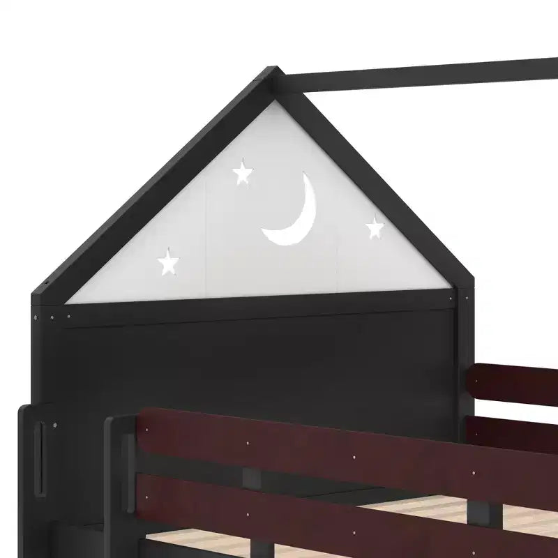 Letto a soppalco matrimoniale per bambini con scivolo e libreria, Struttura letto a soppalco a forma di casetta in legno massello con scaletta convertibile per bambini, Casetta dei giochi