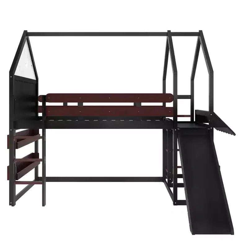 Letto a soppalco matrimoniale per bambini con scivolo e libreria, Struttura letto a soppalco a forma di casetta in legno massello con scaletta convertibile per bambini, Casetta dei giochi