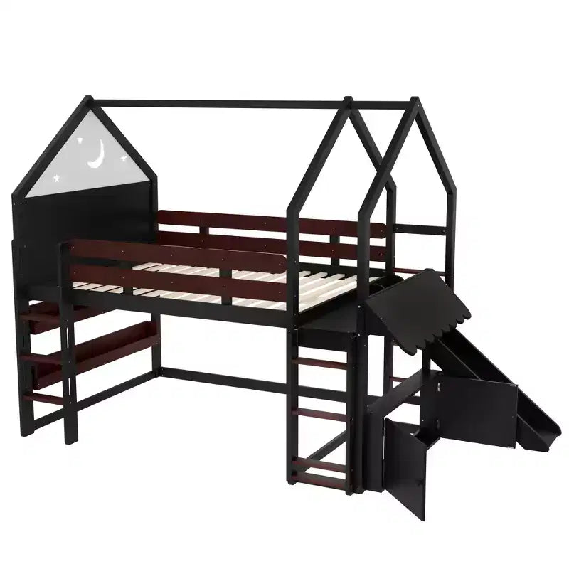 Letto a soppalco matrimoniale per bambini con scivolo e libreria, Struttura letto a soppalco a forma di casetta in legno massello con scaletta convertibile per bambini, Casetta dei giochi