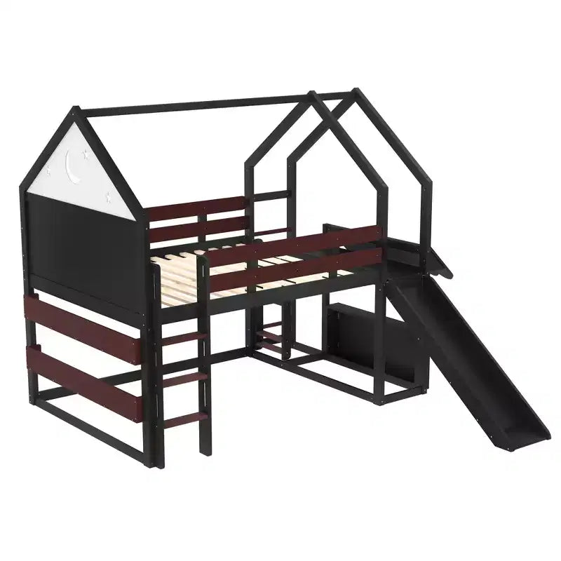 Letto a soppalco matrimoniale per bambini con scivolo e libreria, Struttura letto a soppalco a forma di casetta in legno massello con scaletta convertibile per bambini, Casetta dei giochi