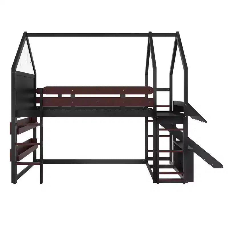 Letto a soppalco matrimoniale per bambini con scivolo e libreria, Struttura letto a soppalco a forma di casetta in legno massello con scaletta convertibile per bambini, Casetta dei giochi