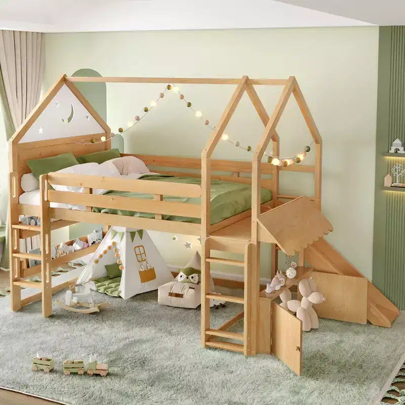 Letto a soppalco matrimoniale per bambini con scivolo e libreria, Struttura letto a soppalco a forma di casetta in legno massello con scaletta convertibile per bambini, Casetta dei giochi