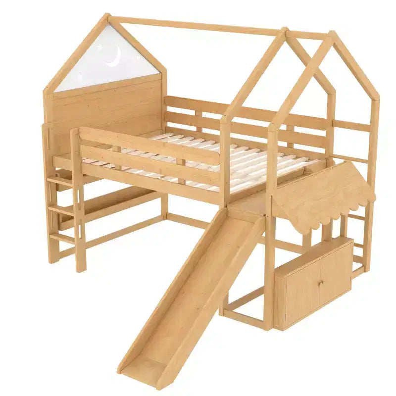 Letto a soppalco matrimoniale per bambini con scivolo e libreria, Struttura letto a soppalco a forma di casetta in legno massello con scaletta convertibile per bambini, Casetta dei giochi