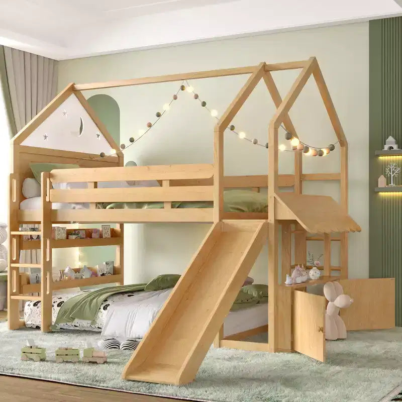 Letto a soppalco matrimoniale per bambini con scivolo e libreria, Struttura letto a soppalco a forma di casetta in legno massello con scaletta convertibile per bambini, Casetta dei giochi