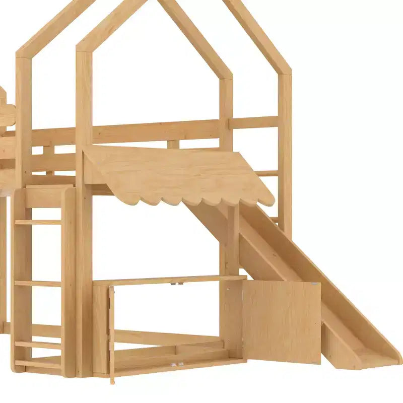 Letto a soppalco matrimoniale per bambini con scivolo e libreria, Struttura letto a soppalco a forma di casetta in legno massello con scaletta convertibile per bambini, Casetta dei giochi