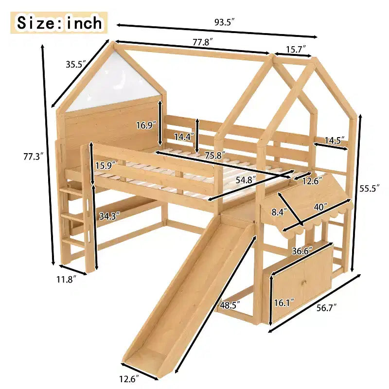 Letto a soppalco matrimoniale per bambini con scivolo e libreria, Struttura letto a soppalco a forma di casetta in legno massello con scaletta convertibile per bambini, Casetta dei giochi