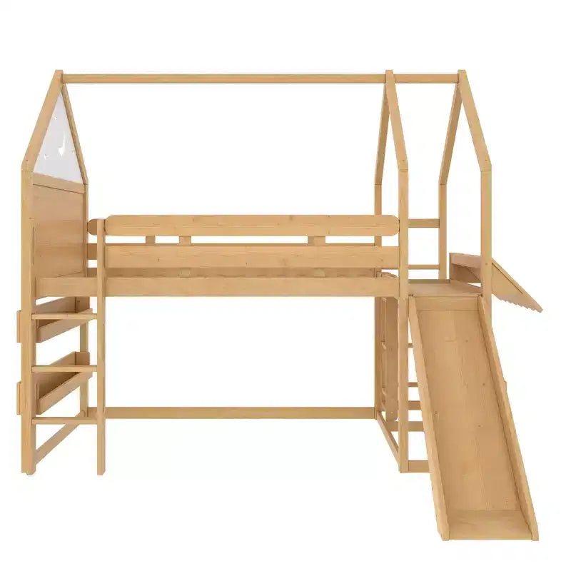 Letto a soppalco matrimoniale per bambini con scivolo e libreria, Struttura letto a soppalco a forma di casetta in legno massello con scaletta convertibile per bambini, Casetta dei giochi