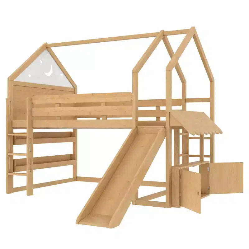 Letto a soppalco matrimoniale per bambini con scivolo e libreria, Struttura letto a soppalco a forma di casetta in legno massello con scaletta convertibile per bambini, Casetta dei giochi