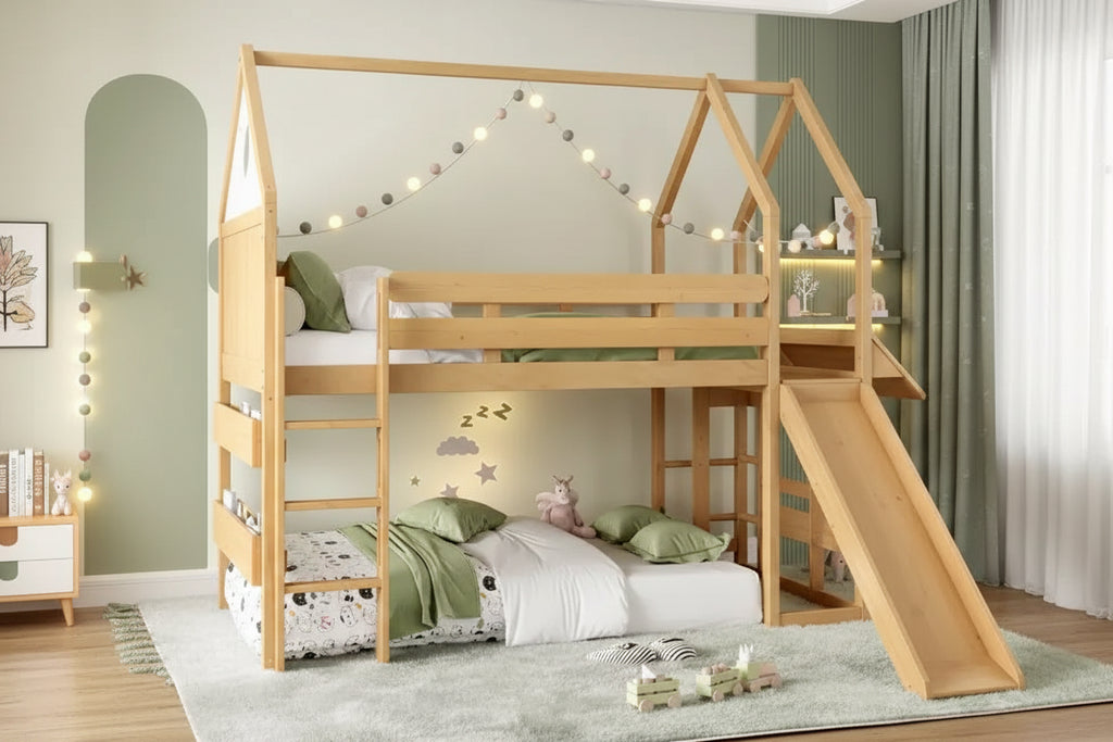 Letto a soppalco matrimoniale per bambini con scivolo e libreria, Struttura letto a soppalco a forma di casetta in legno massello con scaletta convertibile per bambini, Casetta dei giochi