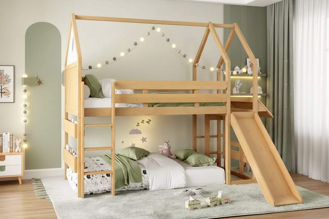 Letto a soppalco matrimoniale per bambini con scivolo e libreria, Struttura letto a soppalco a forma di casetta in legno massello con scaletta convertibile per bambini, Casetta dei giochi