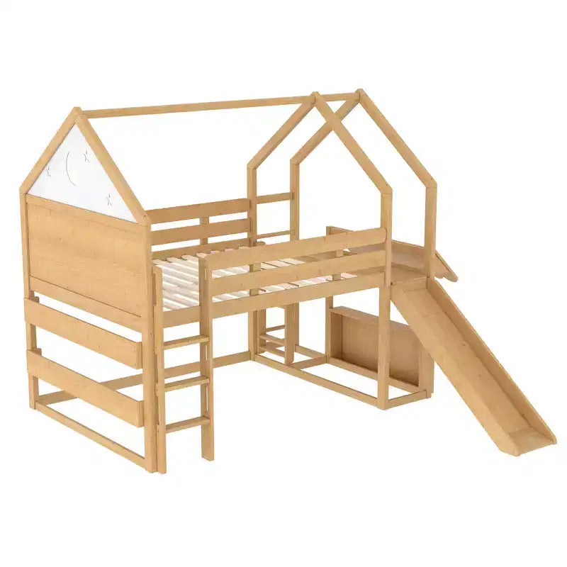 Letto a soppalco matrimoniale per bambini con scivolo e libreria, Struttura letto a soppalco a forma di casetta in legno massello con scaletta convertibile per bambini, Casetta dei giochi