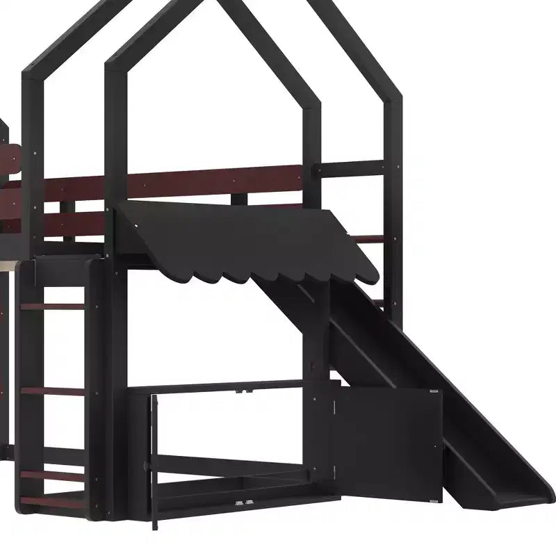 Letto a soppalco matrimoniale per bambini con scivolo e libreria, Struttura letto a soppalco a forma di casetta in legno massello con scaletta convertibile per bambini, Casetta dei giochi