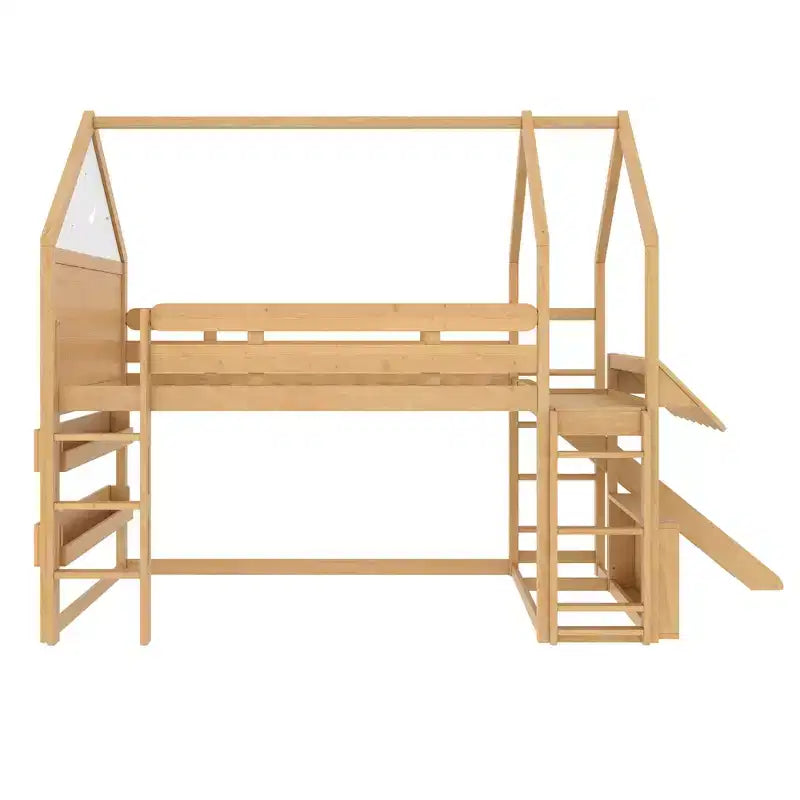 Letto a soppalco matrimoniale per bambini con scivolo e libreria, Struttura letto a soppalco a forma di casetta in legno massello con scaletta convertibile per bambini, Casetta dei giochi