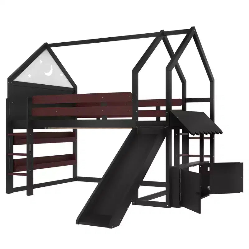 Letto a soppalco matrimoniale per bambini con scivolo e libreria, Struttura letto a soppalco a forma di casetta in legno massello con scaletta convertibile per bambini, Casetta dei giochi
