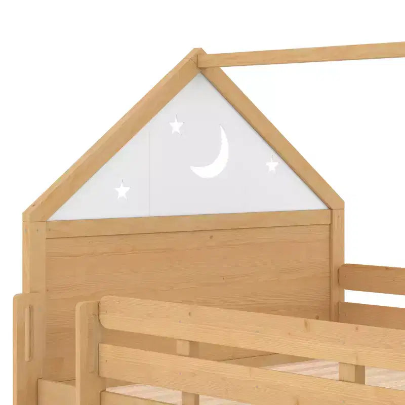Letto a soppalco matrimoniale per bambini con scivolo e libreria, Struttura letto a soppalco a forma di casetta in legno massello con scaletta convertibile per bambini, Casetta dei giochi