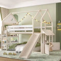 Letto a soppalco matrimoniale per bambini con scivolo e libreria, Struttura letto a soppalco a forma di casetta in legno massello con scaletta convertibile per bambini, Casetta dei giochi