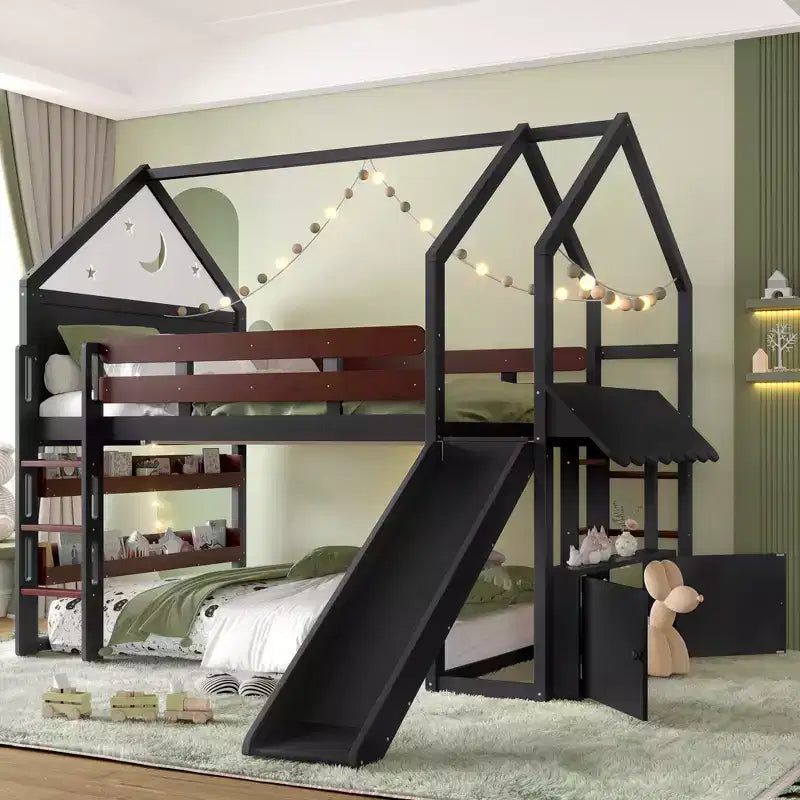 Letto a soppalco matrimoniale per bambini con scivolo e libreria, Struttura letto a soppalco a forma di casetta in legno massello con scaletta convertibile per bambini, Casetta dei giochi