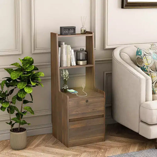 Comodino da 15 pollici con stazione di ricarica, comodino intelligente con libreria, vano portaoggetti, funzione di blocco, finitura in legno con serratura