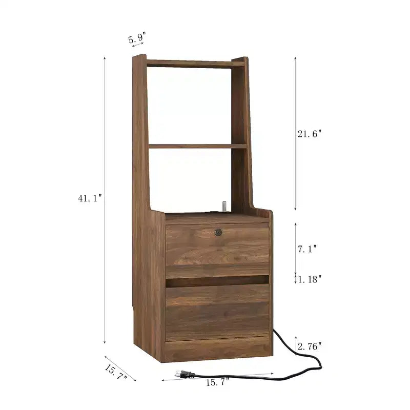 Comodino da 15 pollici con stazione di ricarica, comodino intelligente con libreria, vano portaoggetti, funzione di blocco, finitura in legno con serratura
