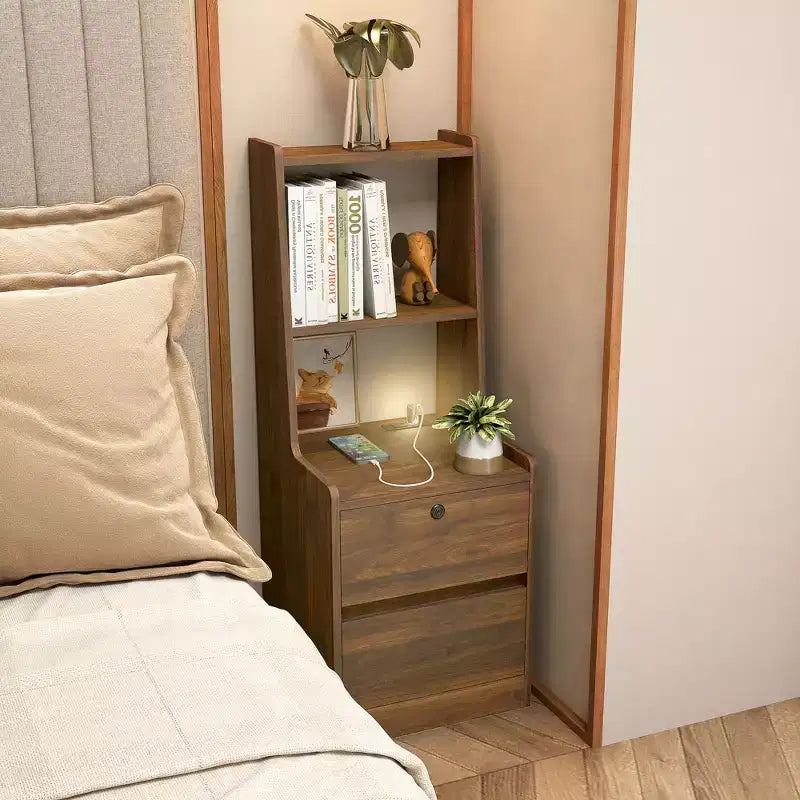 Comodino da 15 pollici con stazione di ricarica, comodino intelligente con libreria, vano portaoggetti, funzione di blocco, finitura in legno con serratura