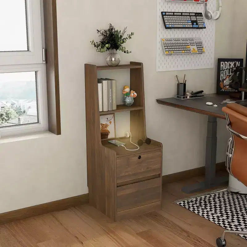 Comodino da 15 pollici con stazione di ricarica, comodino intelligente con libreria, vano portaoggetti, funzione di blocco, finitura in legno con serratura