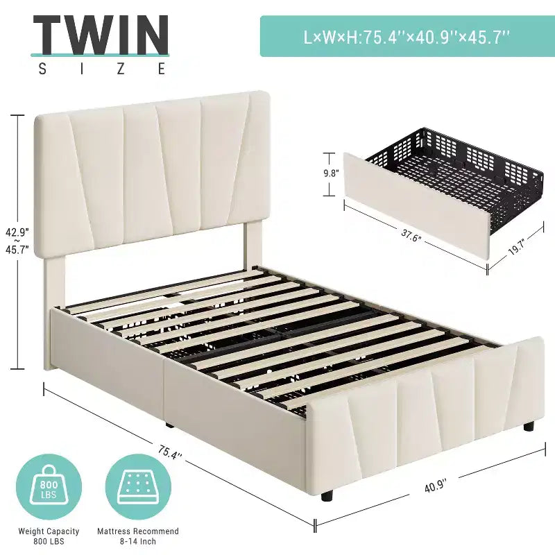 Telaio letto singolo con testiera regolabile e 2 cassetti portaoggetti, letto a piattaforma trapuntato in velluto, non necessita di box spring, beige