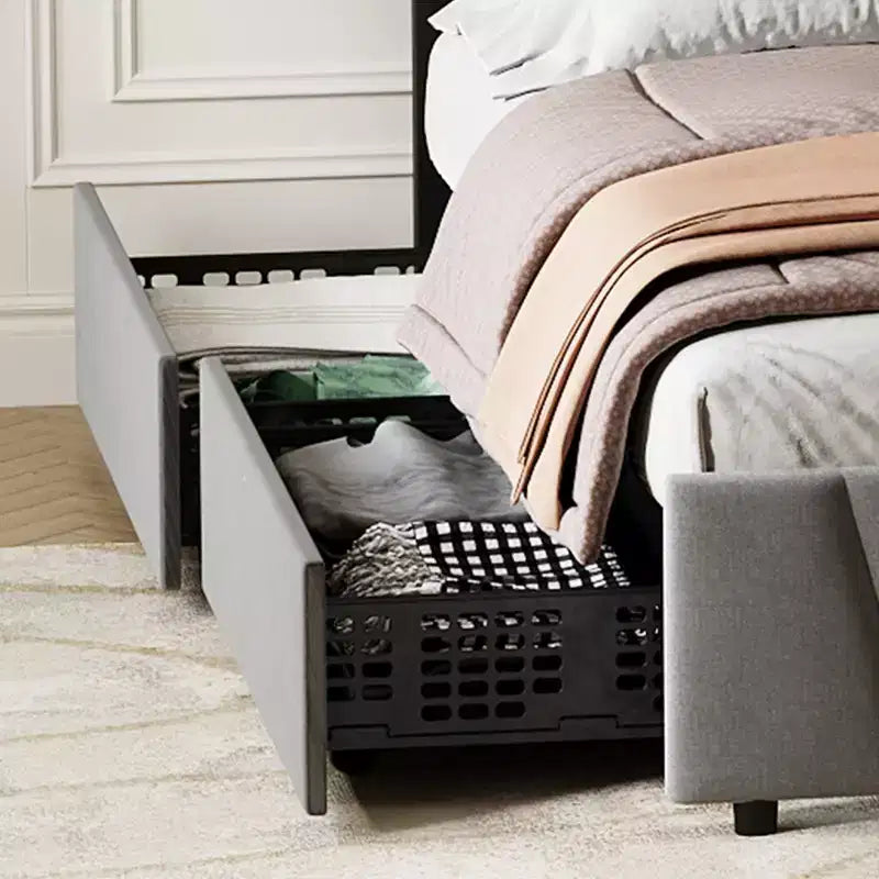 Telaio letto singolo con testiera regolabile e 2 cassetti portaoggetti, letto a piattaforma trapuntato in velluto, non necessita di box spring, beige