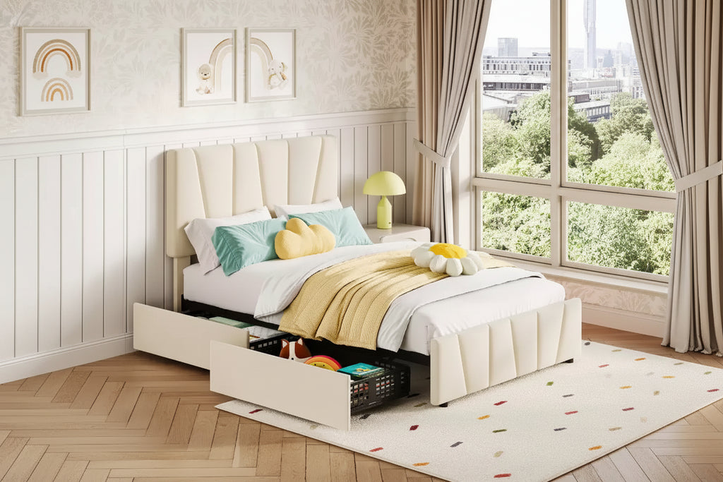 Telaio letto singolo con testiera regolabile e 2 cassetti portaoggetti, letto a piattaforma trapuntato in velluto, non necessita di box spring, beige
