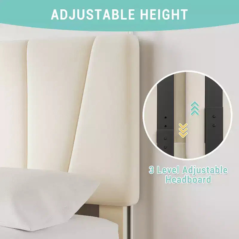 Telaio letto singolo con testiera regolabile e 2 cassetti portaoggetti, letto a piattaforma trapuntato in velluto, non necessita di box spring, beige