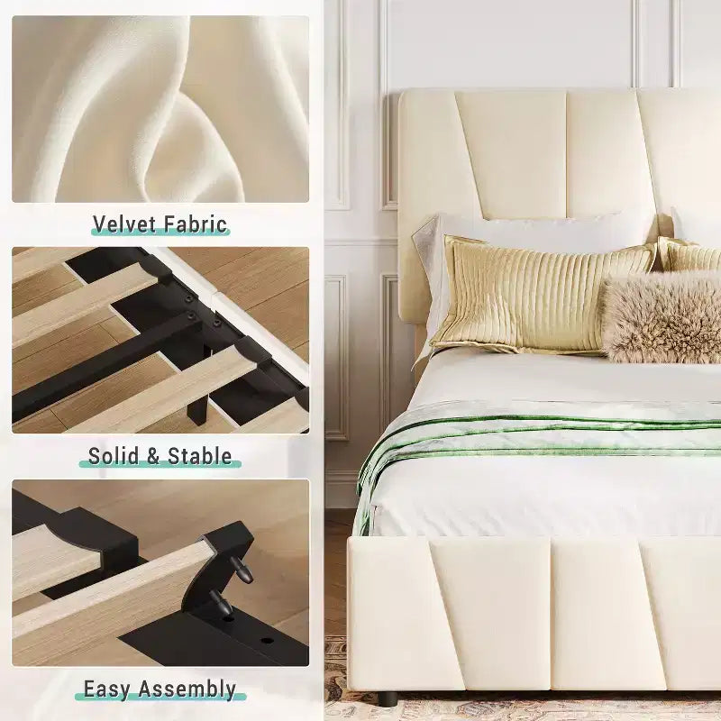 Telaio letto singolo con testiera regolabile e 2 cassetti portaoggetti, letto a piattaforma trapuntato in velluto, non necessita di box spring, beige