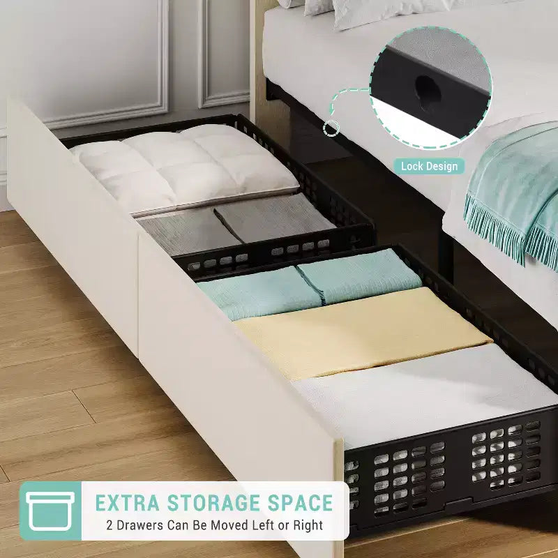 Telaio letto singolo con testiera regolabile e 2 cassetti portaoggetti, letto a piattaforma trapuntato in velluto, non necessita di box spring, beige