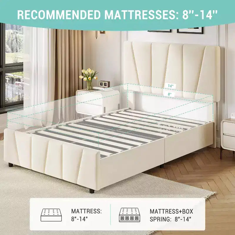 Telaio letto singolo con testiera regolabile e 2 cassetti portaoggetti, letto a piattaforma trapuntato in velluto, non necessita di box spring, beige