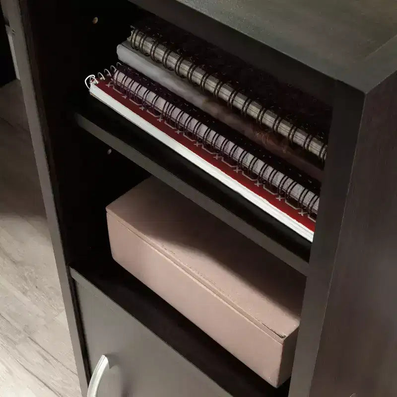Scrivania Transizionale con Contenitore, Scrivania Moderna con Ripiano Regolabile e Mobiletto Nascosto, Scrittoio per Ufficio Domestico, Piccoli Spazi, Marrone Scuro