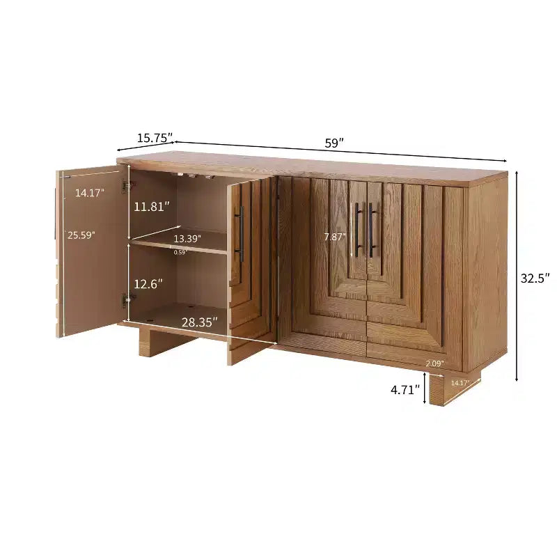 Madia moderna a 4 ante realizzata in MDF e impiallacciatura di frassino, con maniglie in metallo e finiture naturali, perfetta per sale da pranzo